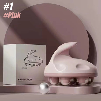 Pink metal ball hand roller massager with ergonomic handle and silver balls next to packaging box