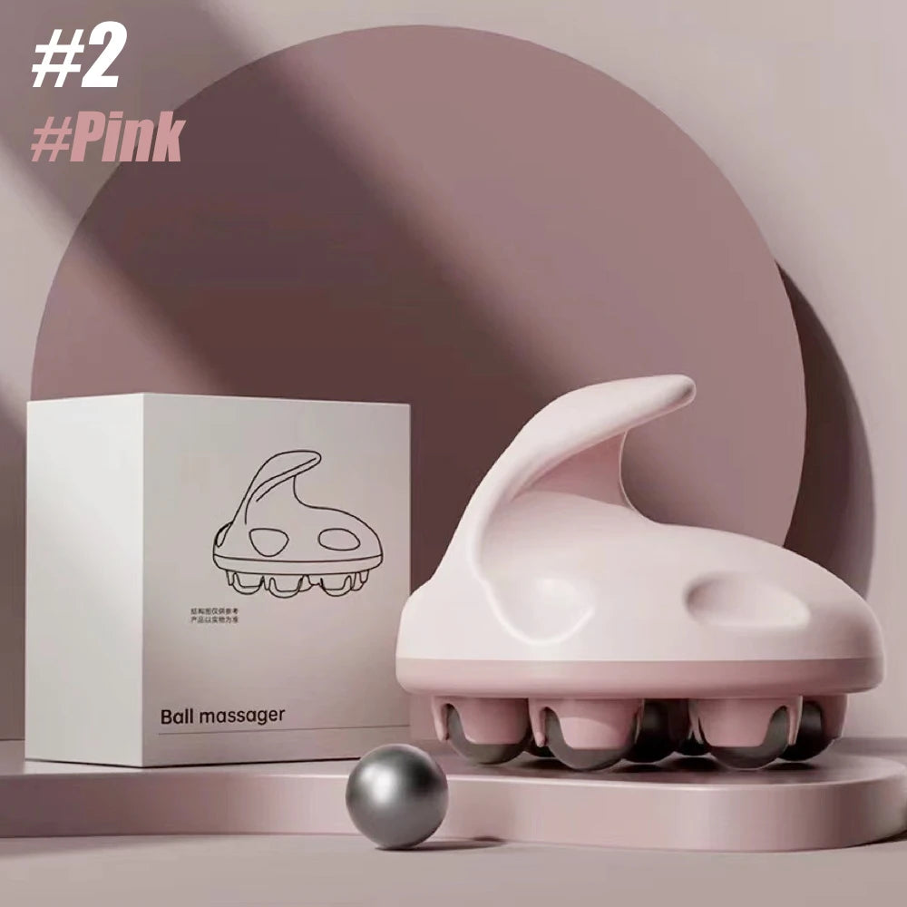 Pink metal ball hand roller massager with ergonomic handle and stainless steel balls for deep tissue massage