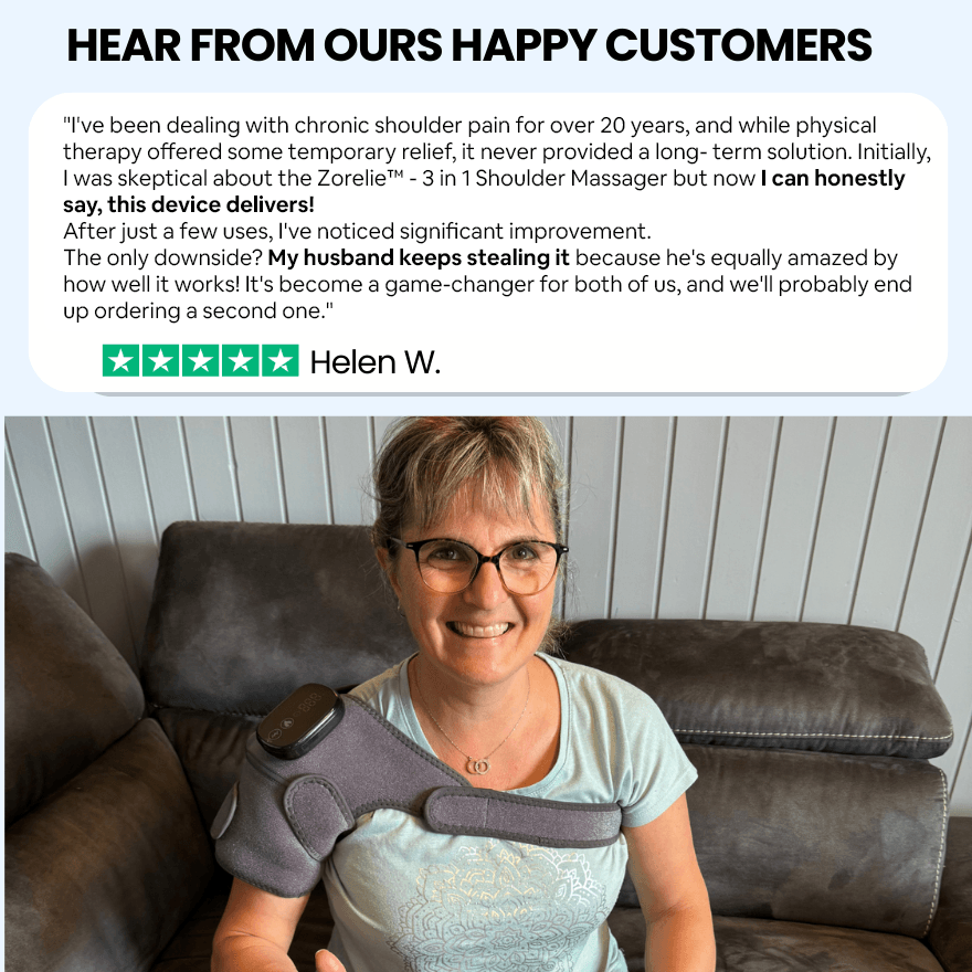 Smiling woman wearing Zorelie 3-in-1 shoulder massager for pain relief while sitting on a couch
