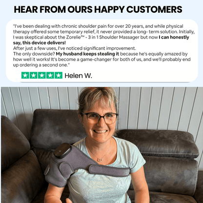 Smiling woman wearing Zorelie 3-in-1 shoulder massager for pain relief while sitting on a couch