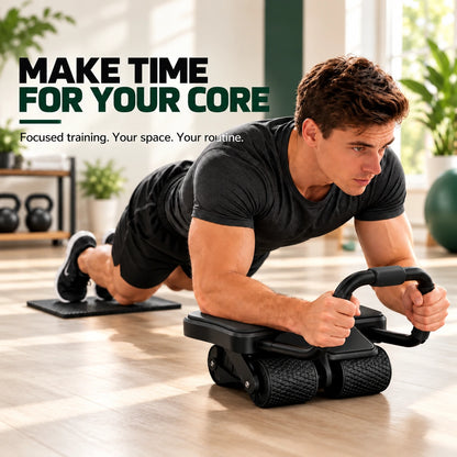 Man using the Zorelie Ab Roller with elbow supports and knee mat at home