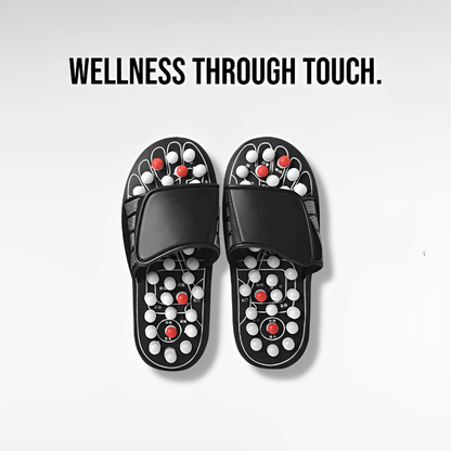 Zorelie acupressure sandals for foot pain relief with black adjustable straps and white red massage nodes