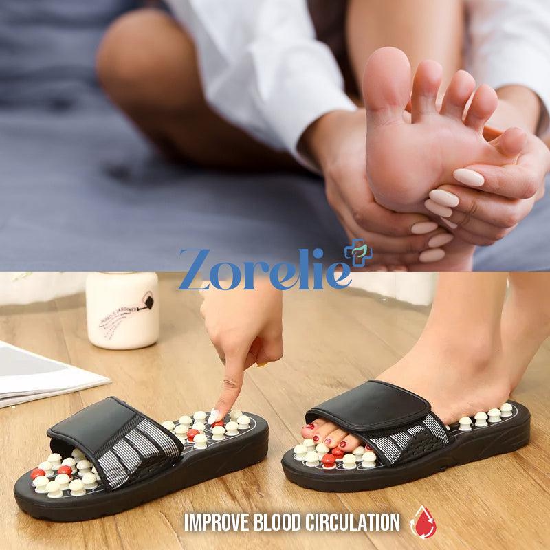 Zorelie acupressure sandals for foot pain relief worn on feet with massage nodes to improve blood circulation