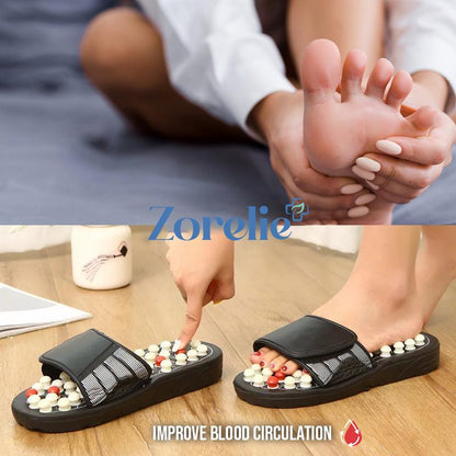 Zorelie acupressure sandals for foot pain relief worn on feet with massage nodes to improve blood circulation