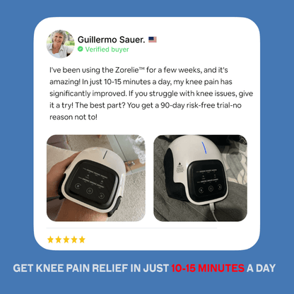 Zorelie knee heat therapy device shown on wrist with digital control panel for pain relief