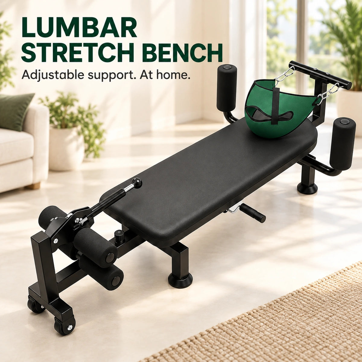 Zorelie lumbar stretching bench – adjustable black bench with padded supports and green sling