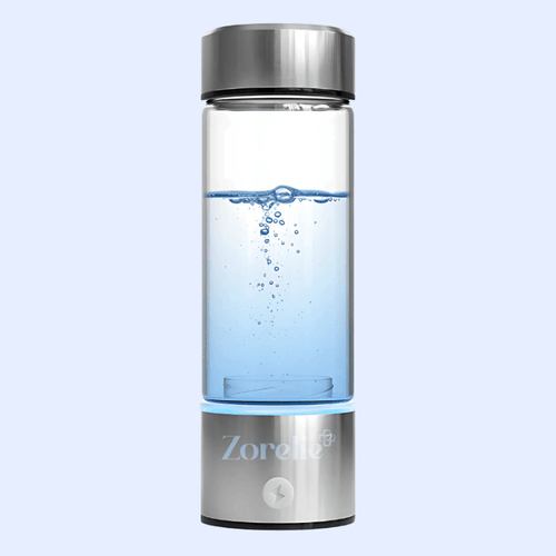 Zorelie portable hydrogen water bottle with stainless steel lids and clear body showing bubbling water inside