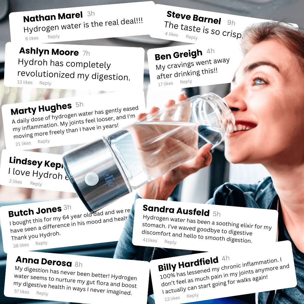 Woman drinking from a portable hydrogen water bottle with positive user reviews about hydrogen water benefits