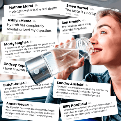 Woman drinking from a portable hydrogen water bottle with positive user reviews about hydrogen water benefits