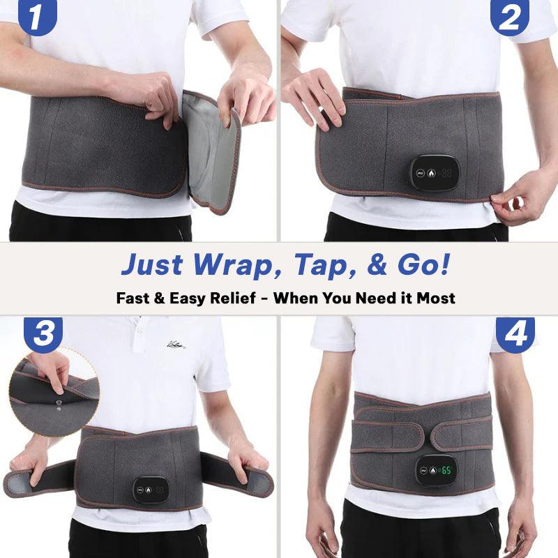 Zorelie thermal massage belt for back pain demonstrating easy wrap and adjustable fit on a man