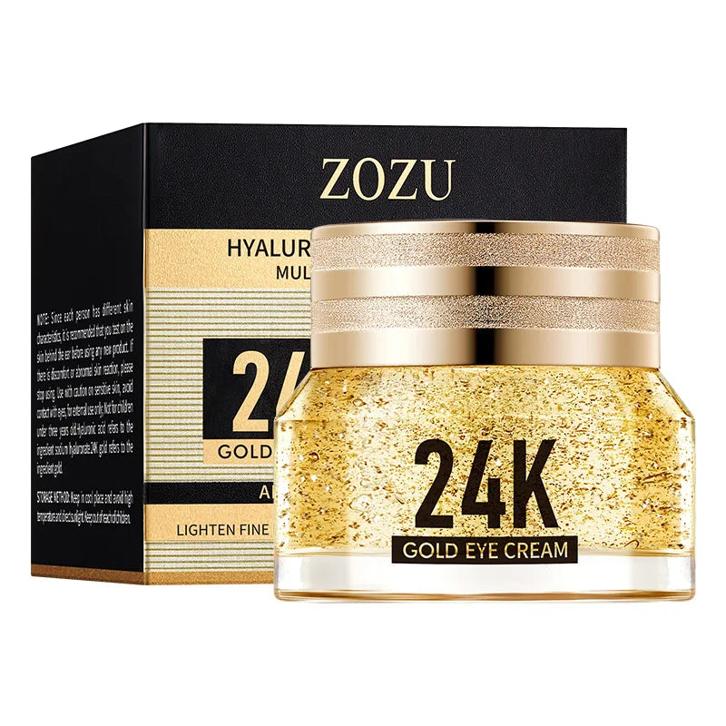 Zozu 24k gold eye cream jar with gold flakes and black gold-accented packaging