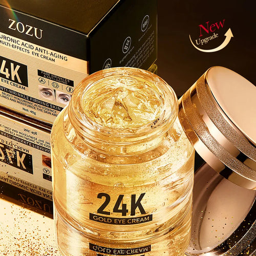 Zorelie.co 24k gold eye cream in clear jar with gold gel and black and gold packaging showing anti-aging benefits